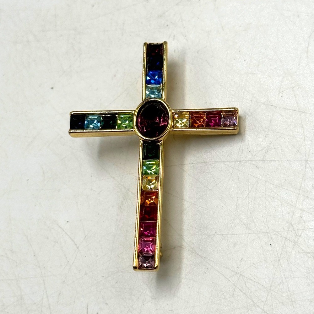 Vintage PSCO 1998 Rainbow Crystal Cross Brooch Gold Tone Religious Pin